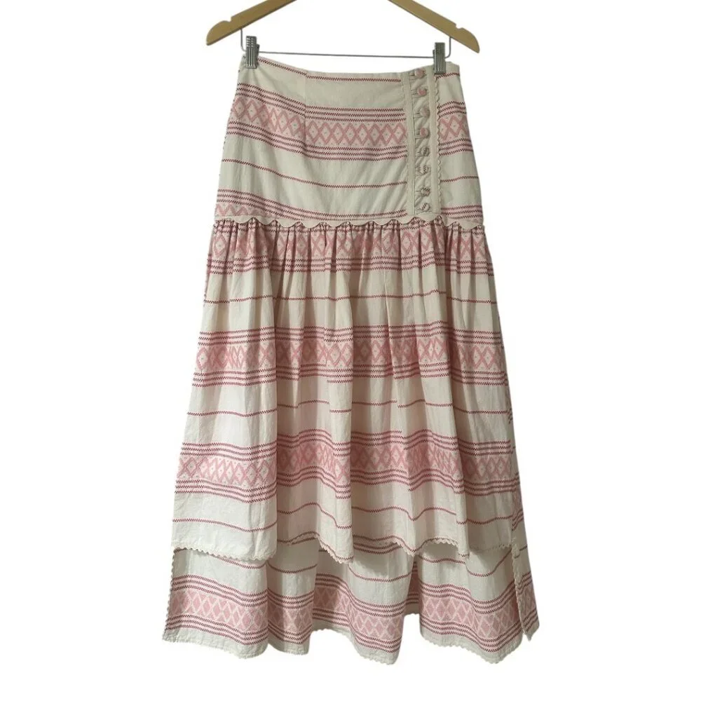 New Anthropologie Raissa A Line Striped High Low Embroidered Pleated Midi Skirt